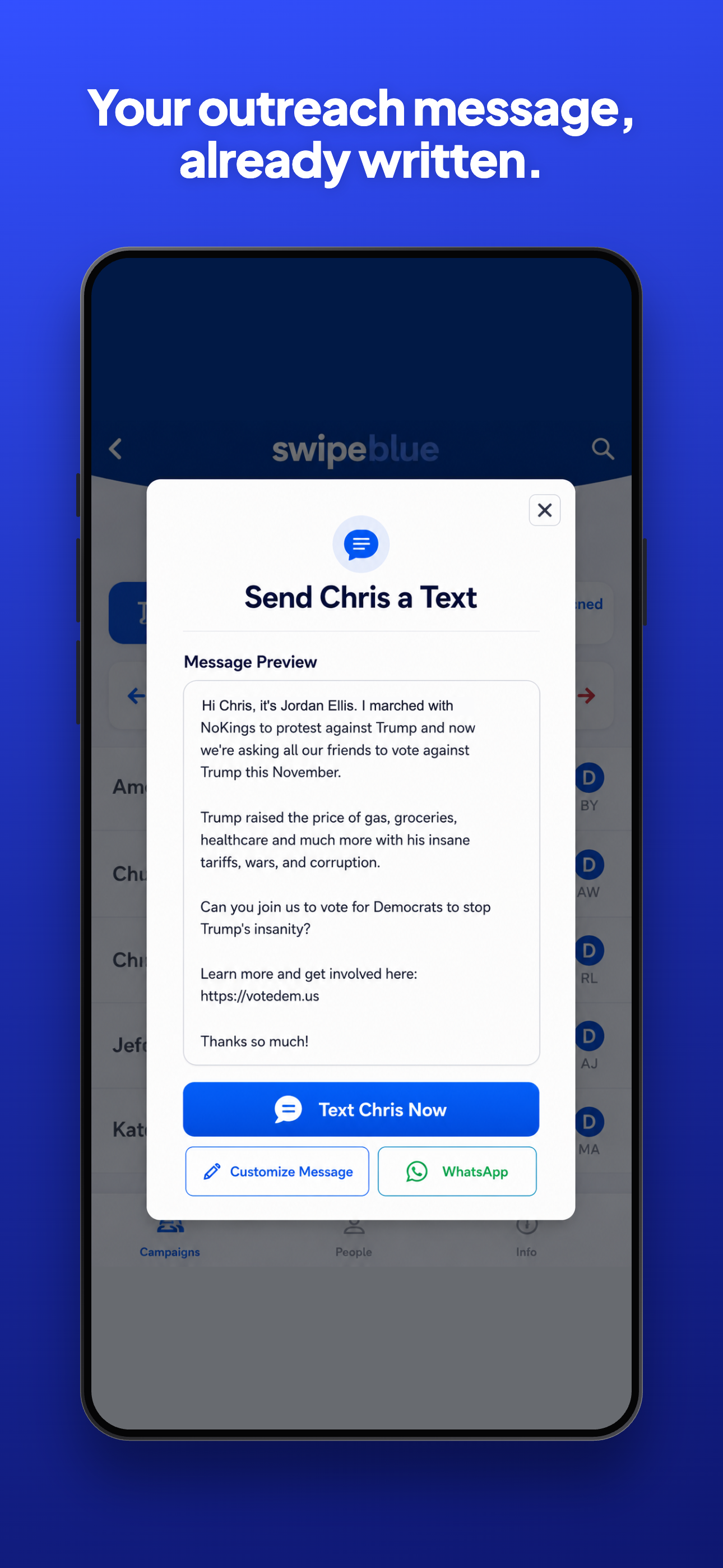 SwipeBlue app showing a pre-written outreach text message to send to a friend